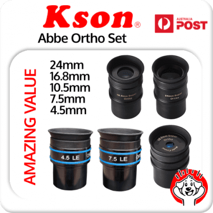 Kson Eyepiece Set – 1.25″ Orthoscopic, 4 Element 4.5mm, 7.5mm (LE), 10.5mm, 16.8mm, 24mm plus case