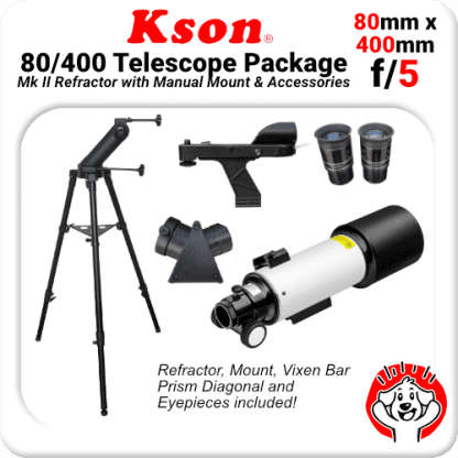 Kson f/5 Refractor (400mm x 80mm) Package (With OTA, Tracker Mount, Rings + Vixen Bar + Eyepieces and Diagonal)