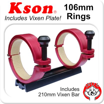 106mm Telescope Rings – Pair (x2) (For holding an 102mm or similar OTA – Optical Tube Assembly) with 210mm Vixen Plate